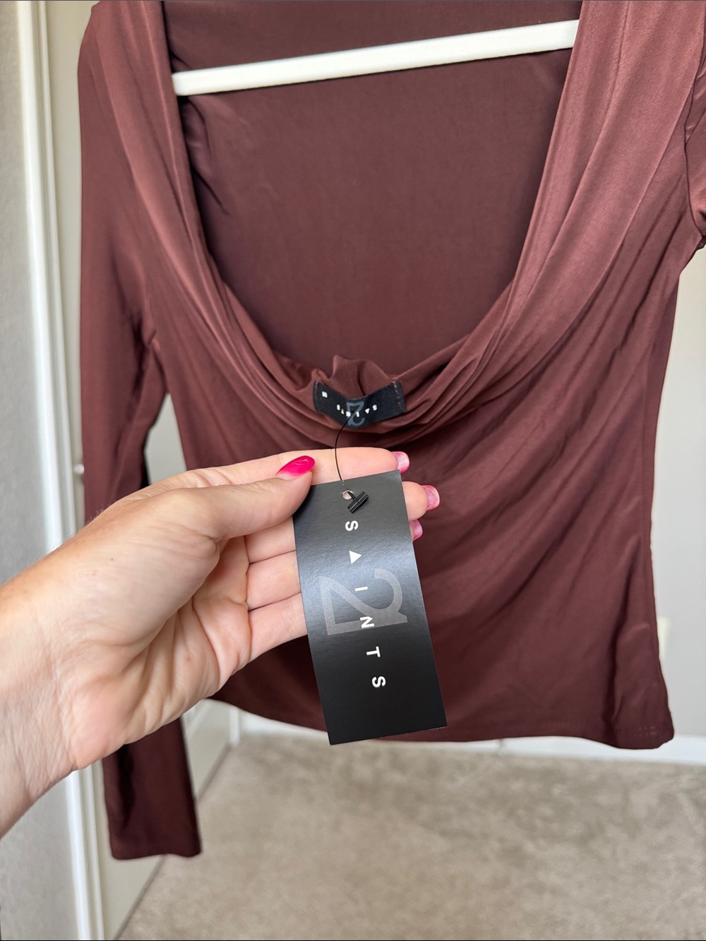 Women’s Long Sleeve Scoop Back Top in Brown - Picture 4 of 6